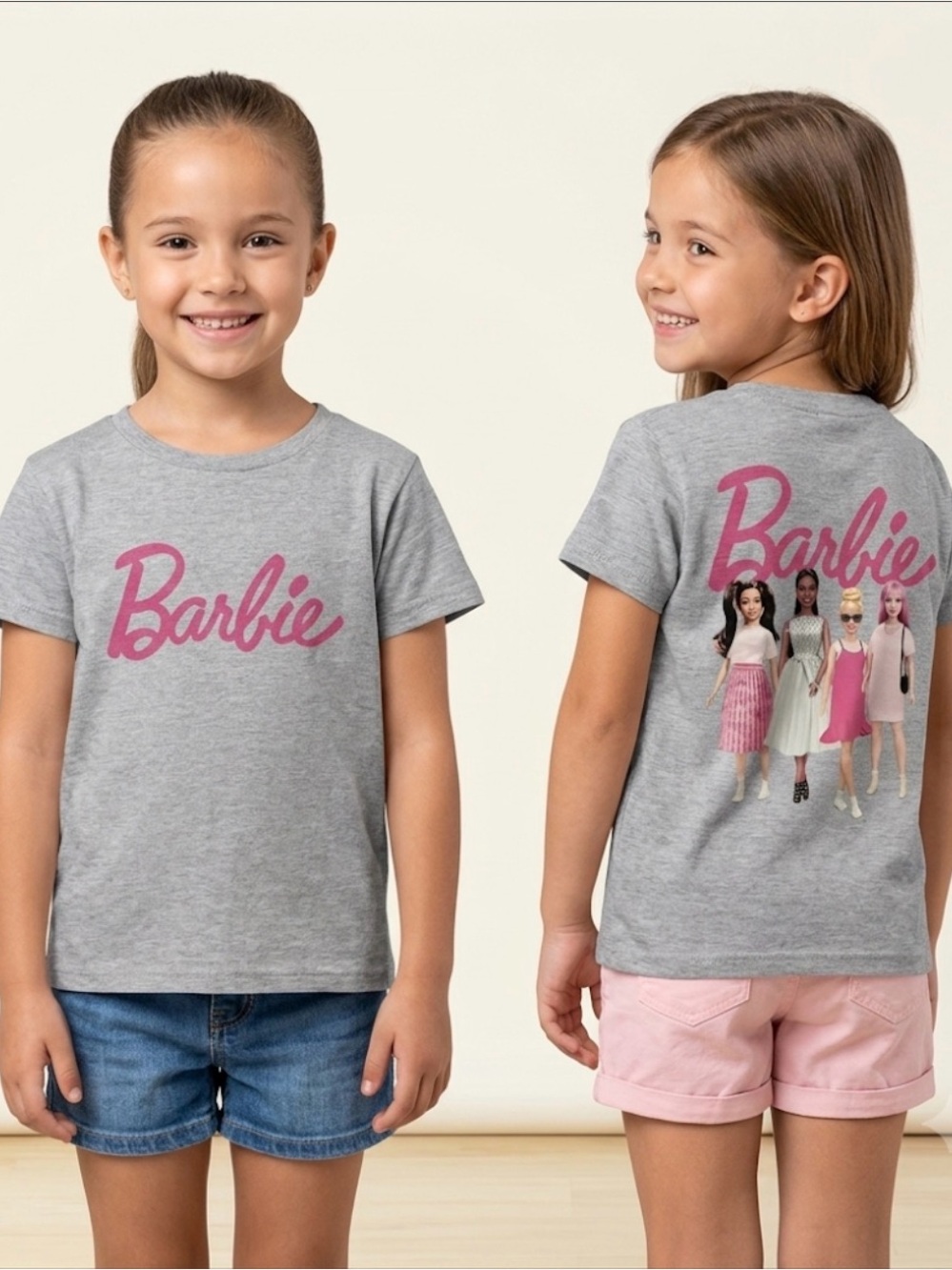 Barbie Gray Tee with Hot Pink Logo Tag and Black Interior Branding